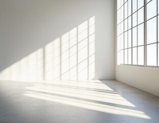Fototapeta premium A bright, minimalistic room featuring large windows that cast shadows on the floor, creating a serene and airy atmosphere.