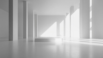 Obraz premium Minimalist White Hallway with Columns and Platform Bathed in Sunlight