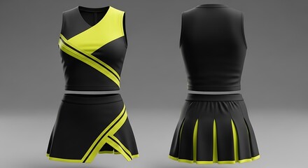 A black and neon yellow sleeveless cheerleading uniform with a pleated skirt, shown from front and back.