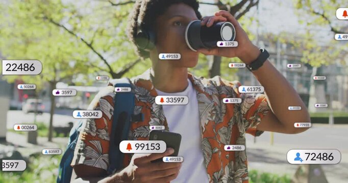 Man strolling checking notifications on smartphone, media alerts emerging around head and cup