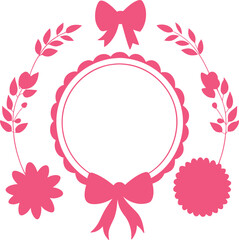 Elegant pink floral wreath frame with decorative bows and scalloped edges for celebrations and invitations