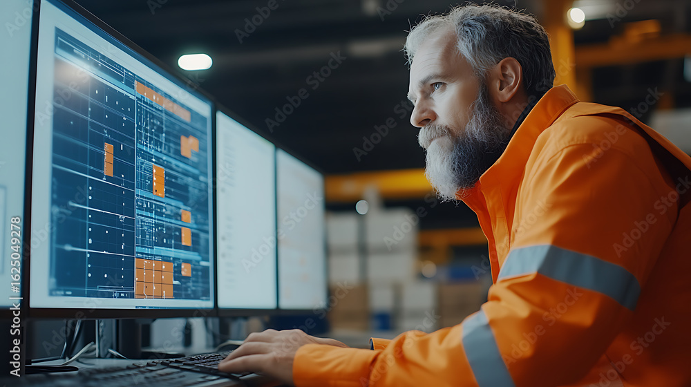 Poster industrial worker monitoring data on multiple computer screens in a factory, wearing high-visibility