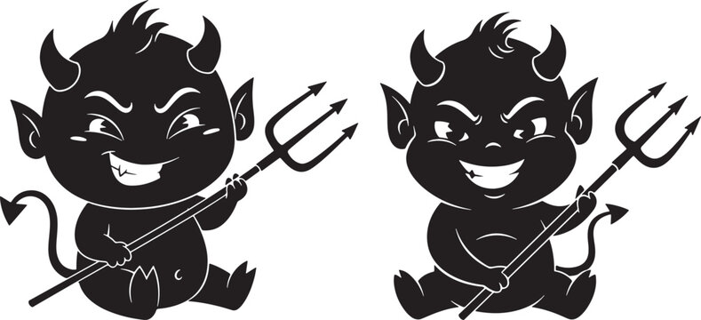 Two black cartoon devils with tridents demon illustration, devil, demon, cartoon, illustration, black and white, trident, pitchfork, horns, tail, sitting, cute, evil, mischievous, character, fantasy, 
