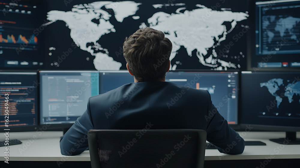 Poster a male professional is seen from the back, working on multiple computer screens displaying maps and 