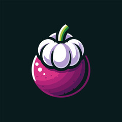 Vibrant illustration of a mangosteen fruit with a white crown on a dark background