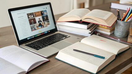 Online education study setup with laptop books and notes for remote learning and student success