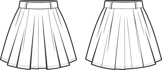 Cad drawing flat vector illustration, pleated skirt design, waistband with belt loops, stitching detail, fashion sketch, garment template, sewing pattern**