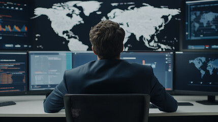 A male professional is seen from the back, working on multiple computer screens displaying maps and data analysis. He is in a dark room, wearing a suit.