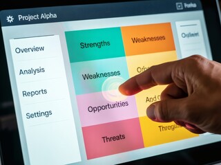 Obraz premium Hand selecting Opportunities on a digital SWOT analysis tablet screen.