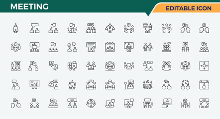 Set of Meeting line icon. Contain linear sign talk, conference, agenda, interview, seminar, team, class and more. Thin linear style icons. Discussion icon collection. Editable vector illustration.