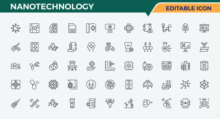 Nanotechnology vector line icon set. Nano icon set. Contains such icons as biotechnology, nano, laboratory, research, genetic, lab, tech and more. Vector illustration in modern line style.