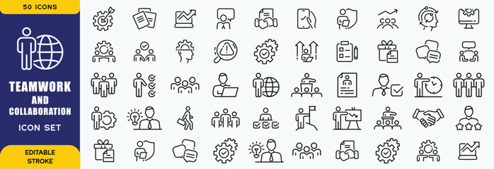 Teamwork and collaboration related line icons set. Bundle of team, planning, connection, cooperation, optimization, brainstorm, achievement and other. Editable stroke .Outline icons