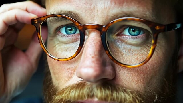 Close-up Portrait of a Bearded Man with Blue Eyes Wearing Tortoise-Shell Glasses