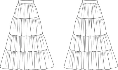 Cad drawing flat vector illustration, tiered skirt design, cascading layers, gathered fabric detail, fashion sketch, waistband style, apparel template