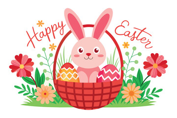 A cute easter bunny in a basket with eggs and flowers isolated on white background