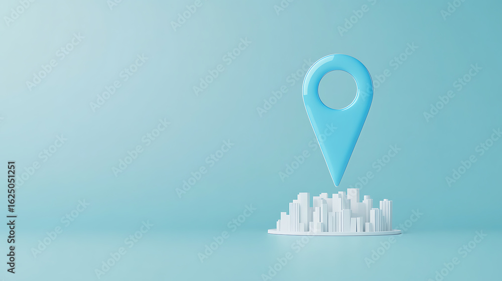 Poster location icon hovering over a city model on a pastel blue background. modern and minimalist design f