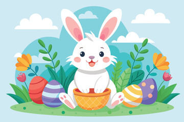 Cute easter bunny with eggs and flowers isolated on white background