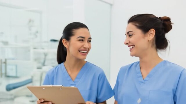 Two female medical professionals laughing in a clinic