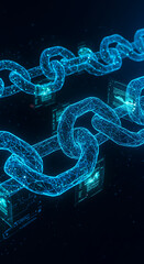 Glowing blue digital blockchain network of interconnected links on a dark background