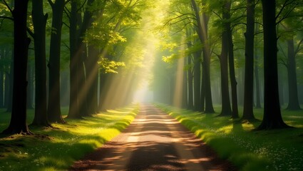 Fototapeta premium Sunlit Path Through Misty Green Forest: Serene Nature Scene, Dreamlike Atmosphere, Tranquil Landscape Photography.