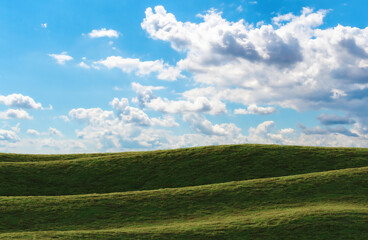 Fototapeta premium Rolling green hills under cloudy blue sky. 3D rendering. 