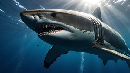 Fototapeta premium Close-up view of a great white shark swimming in clear ocean water with jaws open wide, symbolizing marine survival, underwater danger, predator instincts, and ocean wildlife power