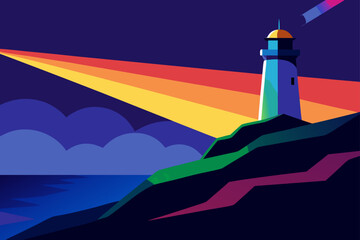 Stylized lighthouse shining a rainbow beam across the night sky