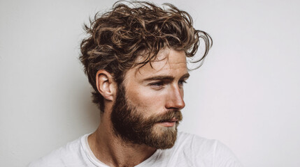 Obraz premium man with well groomed beard and textured messy hair poses against neutral background, exuding relaxed and confident vibe