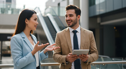 Successful business partners discussing project ideas innovative solutions collaboration teamwork modern office building professional attire tablet technology