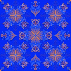 seamless floral background,blue, orange curves and painted to create flowers shape with blue background in geometric patterns to as sarong,tile,printed fabric,batik,fabric,tablecloth patterns.