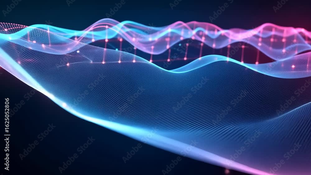 Poster futuristic digital wave patterns with vibrant neon glow and interconnected particles