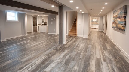 Spacious Finished Basement Interior Featuring Modern Decor and Wood-Look Flooring in a Home