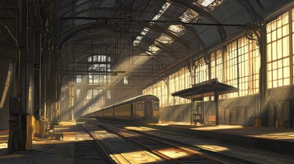 Sunlit Train Station: Atmospheric Illustration of Abandoned Terminal with Train and Tracks