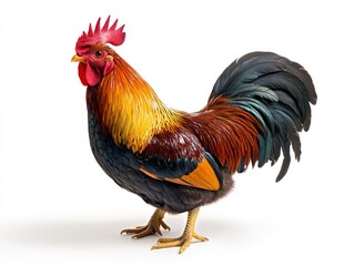 Fototapeta premium Forward-facing rooster with bold red wattle and intricate feather patterns on white background.