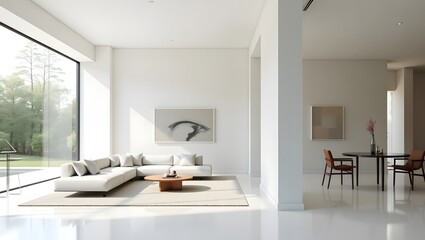 Modern minimalist living room interior design: serene, bright space with white sectional sofa, wooden coffee table, and large window overlooking tranquil garden.