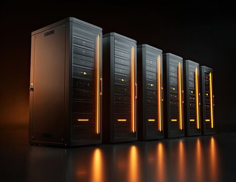 Dark server rack row lit by orange glow