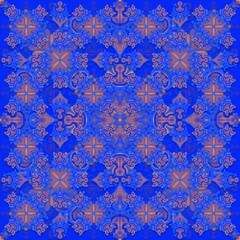 seamless floral pattern,blue, orange curves and painted to create flowers shape with blue background in geometric patterns to as sarong,tile,printed fabric,batik,fabric,tablecloth patterns.