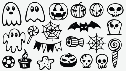 Fototapeta premium Cute Halloween Doodle Icon Set – Hand Drawn Ghosts, Pumpkins, Skulls, Bats, Candy, Spiders, and Webs Clipart for DIY Crafts, Digital Stickers, Invitations, Decorations, and Graphic Design