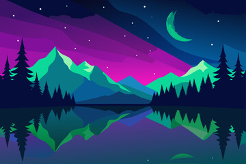 Fototapeta premium Vibrant mountain landscape under a colorful night sky with crescent moon