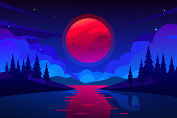 Naklejka premium Vibrant sunset over tranquil lake with silhouetted pine trees