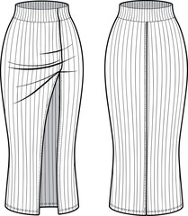 Cad drawing flat vector illustration, wrap pencil skirt, vertical stripe detail, high waist design, front slit, back seam, fashion sketch**