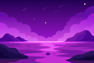 Vibrant purple landscape with mountains water and shooting stars