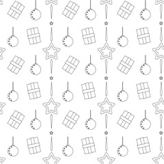 Seamless outline pattern with festive Christmas and New Year elements. Perfect for holiday cards, wrapping paper, packaging, textile, and winter decoration.