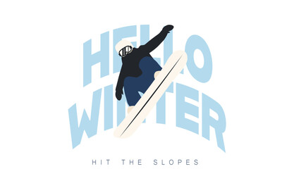 Minimal winter landscape with calligraphy phrase "Hello Winter". Stylish seasonal illustration with skier/snowboarder character. Perfect for web, banners, social media.