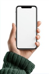 Female Hand Holding Smartphone with Blank Screen on White Background