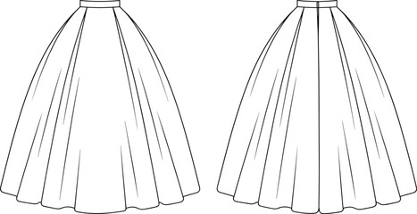 Cad drawing flat vector illustration, flared skirt design, pleated and smooth variations, waistband detail, fashion sketch, garment template, apparel flat
