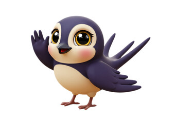 Cartoon Bird Waving with Purple Wings and Yellow Eyes on Transparent Background