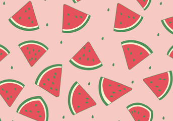Vibrant seamless pattern featuring juicy watermelon slices with seeds on a pink background, ideal for summer designs and fresh, tropical illustrations