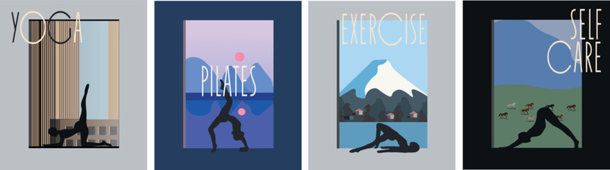 Modern flat posters for yoga, pilates, and home workouts. Wellness and self-care concepts in clean graphic style. Ideal for social media, fitness promotion, and editorial use.