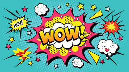 Comic book style text with repeated wow and boom expressions in vibrant colors, conveying excitement and energy..eps © zihad